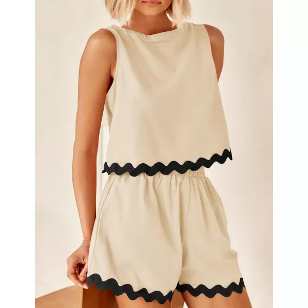imageZESICA Womens 2024 Summer 2 Piece Outfits Set Linen Lace Trim Crewneck Tank Crop Top and Shorts Lounge Pajama SetsApricot