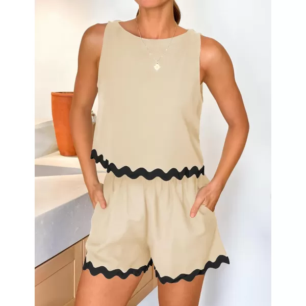 imageZESICA Womens 2024 Summer 2 Piece Outfits Set Linen Lace Trim Crewneck Tank Crop Top and Shorts Lounge Pajama SetsApricot