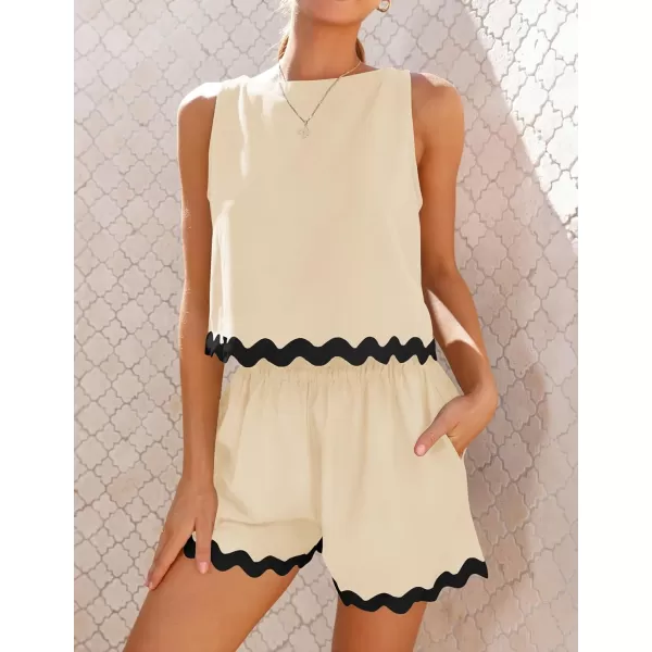 imageZESICA Womens 2024 Summer 2 Piece Outfits Set Linen Lace Trim Crewneck Tank Crop Top and Shorts Lounge Pajama SetsApricot
