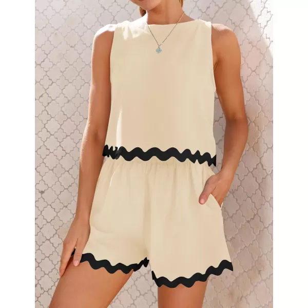 imageZESICA Womens 2024 Summer 2 Piece Outfits Set Linen Lace Trim Crewneck Tank Crop Top and Shorts Lounge Pajama SetsApricot