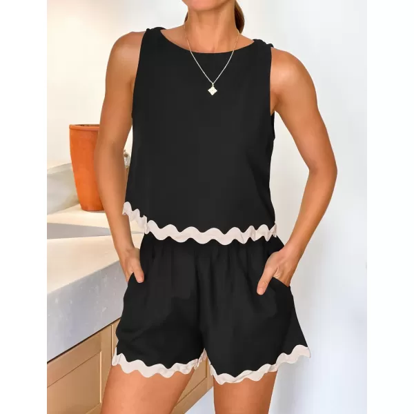 imageZESICA Womens 2024 Summer 2 Piece Outfits Set Linen Lace Trim Crewneck Tank Crop Top and Shorts Lounge Pajama SetsBlack
