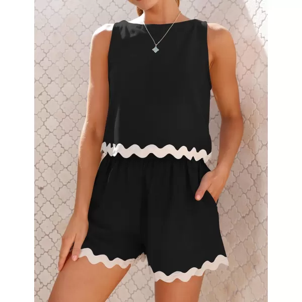 imageZESICA Womens 2024 Summer 2 Piece Outfits Set Linen Lace Trim Crewneck Tank Crop Top and Shorts Lounge Pajama SetsBlack