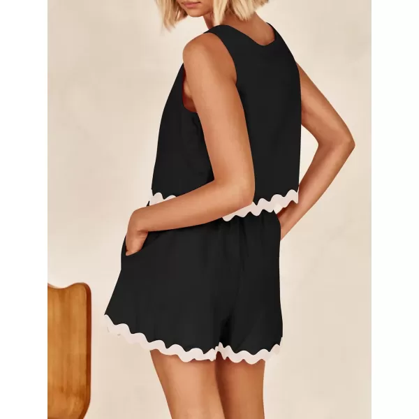 imageZESICA Womens 2024 Summer 2 Piece Outfits Set Linen Lace Trim Crewneck Tank Crop Top and Shorts Lounge Pajama SetsBlack