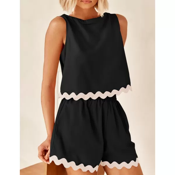 imageZESICA Womens 2024 Summer 2 Piece Outfits Set Linen Lace Trim Crewneck Tank Crop Top and Shorts Lounge Pajama SetsBlack