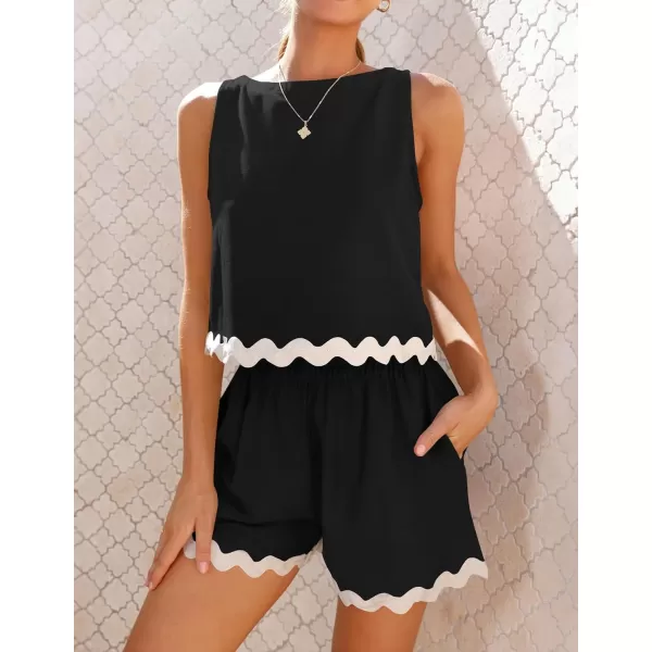 imageZESICA Womens 2024 Summer 2 Piece Outfits Set Linen Lace Trim Crewneck Tank Crop Top and Shorts Lounge Pajama SetsBlack