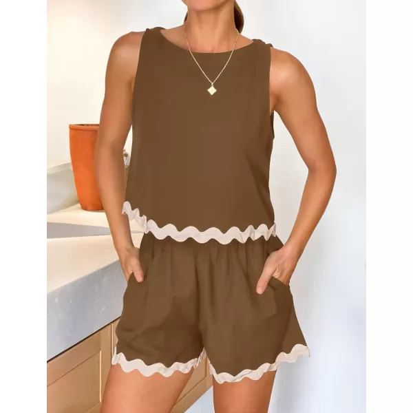 imageZESICA Womens 2024 Summer 2 Piece Outfits Set Linen Lace Trim Crewneck Tank Crop Top and Shorts Lounge Pajama SetsCoffee