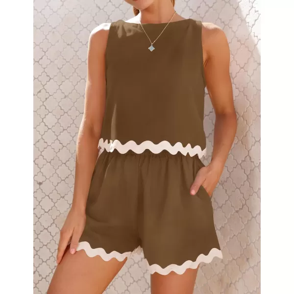 imageZESICA Womens 2024 Summer 2 Piece Outfits Set Linen Lace Trim Crewneck Tank Crop Top and Shorts Lounge Pajama SetsCoffee