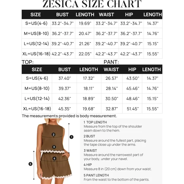 imageZESICA Womens 2024 Summer 2 Piece Outfits Set Linen Lace Trim Crewneck Tank Crop Top and Shorts Lounge Pajama SetsCoffee