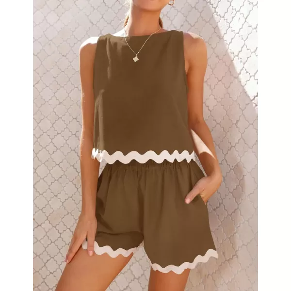 imageZESICA Womens 2024 Summer 2 Piece Outfits Set Linen Lace Trim Crewneck Tank Crop Top and Shorts Lounge Pajama SetsCoffee