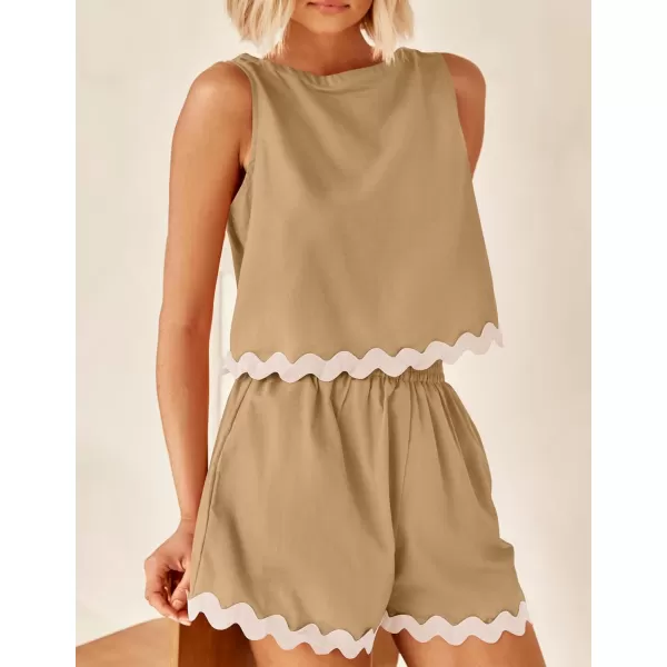 imageZESICA Womens 2024 Summer 2 Piece Outfits Set Linen Lace Trim Crewneck Tank Crop Top and Shorts Lounge Pajama SetsKhaki
