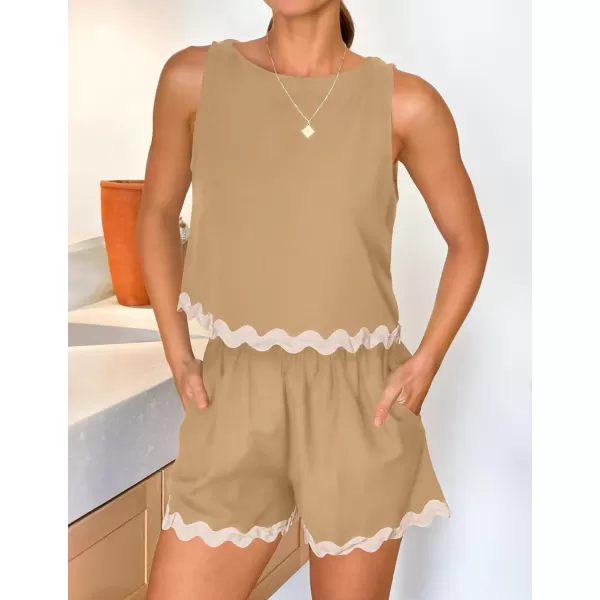 imageZESICA Womens 2024 Summer 2 Piece Outfits Set Linen Lace Trim Crewneck Tank Crop Top and Shorts Lounge Pajama SetsKhaki