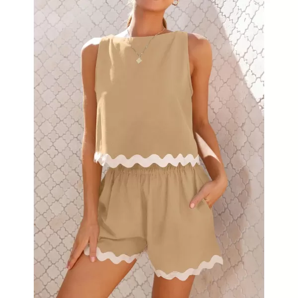 imageZESICA Womens 2024 Summer 2 Piece Outfits Set Linen Lace Trim Crewneck Tank Crop Top and Shorts Lounge Pajama SetsKhaki