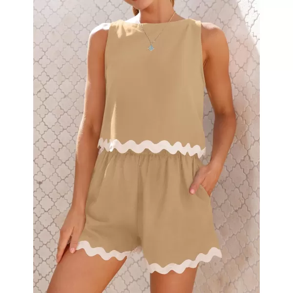 imageZESICA Womens 2024 Summer 2 Piece Outfits Set Linen Lace Trim Crewneck Tank Crop Top and Shorts Lounge Pajama SetsKhaki