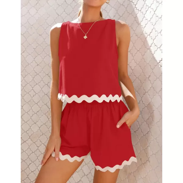 imageZESICA Womens 2024 Summer 2 Piece Outfits Set Linen Lace Trim Crewneck Tank Crop Top and Shorts Lounge Pajama SetsRed