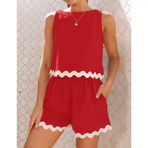imageZESICA Womens 2024 Summer 2 Piece Outfits Set Linen Lace Trim Crewneck Tank Crop Top and Shorts Lounge Pajama SetsRed