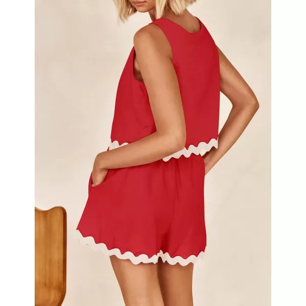 imageZESICA Womens 2024 Summer 2 Piece Outfits Set Linen Lace Trim Crewneck Tank Crop Top and Shorts Lounge Pajama SetsRed