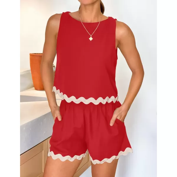 imageZESICA Womens 2024 Summer 2 Piece Outfits Set Linen Lace Trim Crewneck Tank Crop Top and Shorts Lounge Pajama SetsRed
