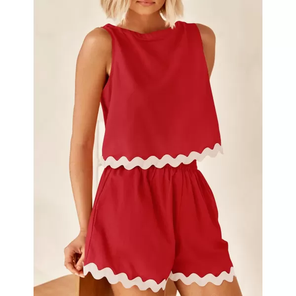 imageZESICA Womens 2024 Summer 2 Piece Outfits Set Linen Lace Trim Crewneck Tank Crop Top and Shorts Lounge Pajama SetsRed