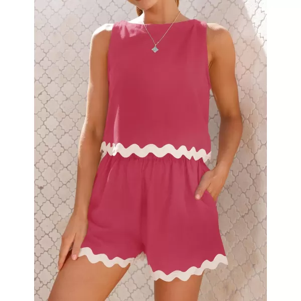 imageZESICA Womens 2024 Summer 2 Piece Outfits Set Linen Lace Trim Crewneck Tank Crop Top and Shorts Lounge Pajama SetsRose