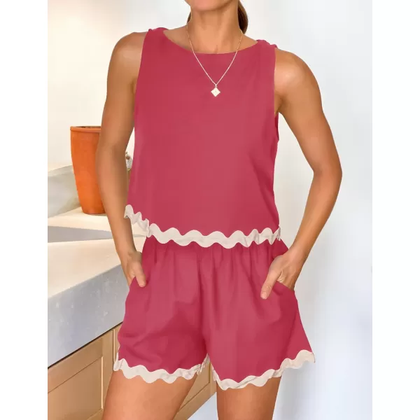 imageZESICA Womens 2024 Summer 2 Piece Outfits Set Linen Lace Trim Crewneck Tank Crop Top and Shorts Lounge Pajama SetsRose