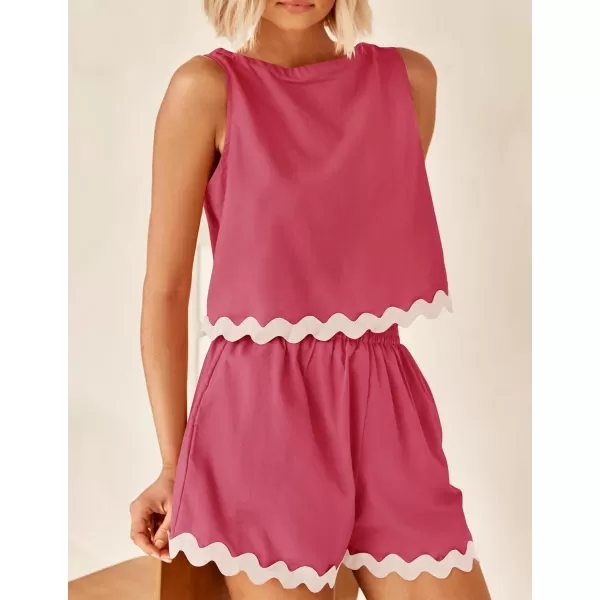 imageZESICA Womens 2024 Summer 2 Piece Outfits Set Linen Lace Trim Crewneck Tank Crop Top and Shorts Lounge Pajama SetsRose