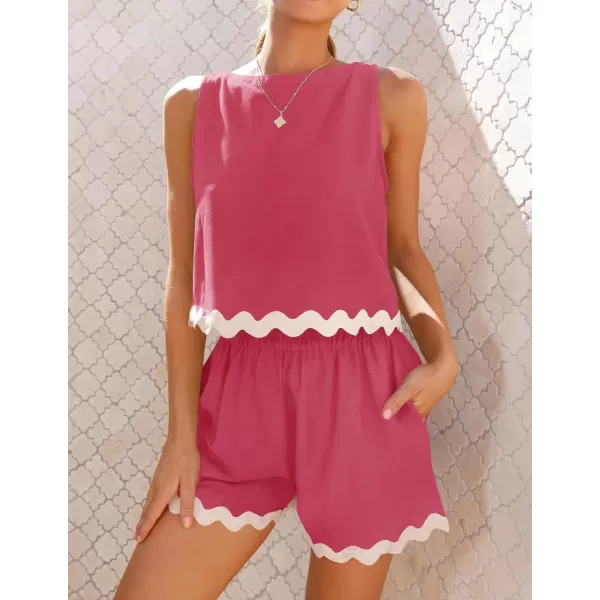 imageZESICA Womens 2024 Summer 2 Piece Outfits Set Linen Lace Trim Crewneck Tank Crop Top and Shorts Lounge Pajama SetsRose