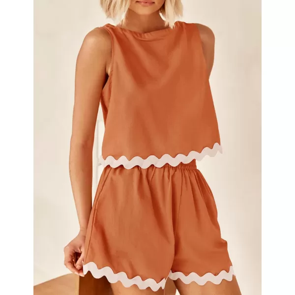 imageZESICA Womens 2024 Summer 2 Piece Outfits Set Linen Lace Trim Crewneck Tank Crop Top and Shorts Lounge Pajama SetsRust