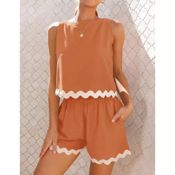 imageZESICA Womens 2024 Summer 2 Piece Outfits Set Linen Lace Trim Crewneck Tank Crop Top and Shorts Lounge Pajama SetsRust