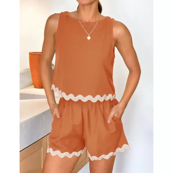 imageZESICA Womens 2024 Summer 2 Piece Outfits Set Linen Lace Trim Crewneck Tank Crop Top and Shorts Lounge Pajama SetsRust