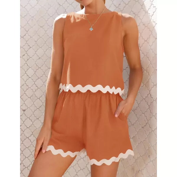 imageZESICA Womens 2024 Summer 2 Piece Outfits Set Linen Lace Trim Crewneck Tank Crop Top and Shorts Lounge Pajama SetsRust