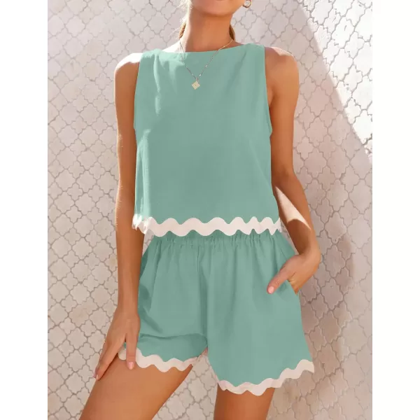 imageZESICA Womens 2024 Summer 2 Piece Outfits Set Linen Lace Trim Crewneck Tank Crop Top and Shorts Lounge Pajama SetsSage
