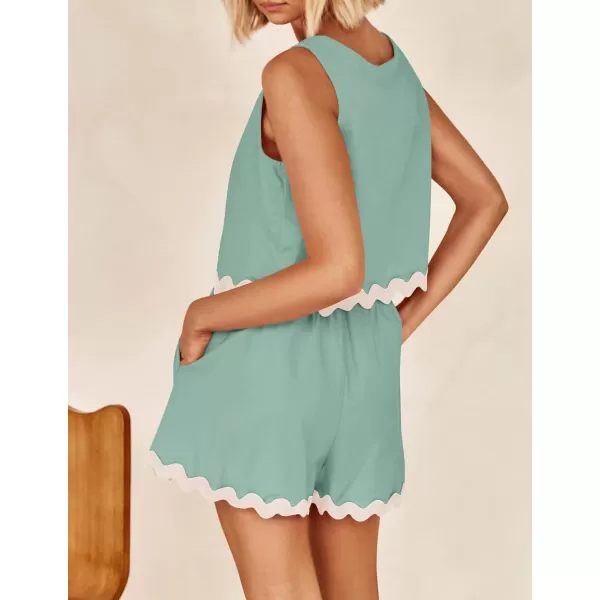 imageZESICA Womens 2024 Summer 2 Piece Outfits Set Linen Lace Trim Crewneck Tank Crop Top and Shorts Lounge Pajama SetsSage