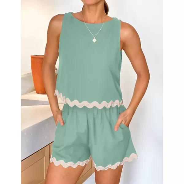 imageZESICA Womens 2024 Summer 2 Piece Outfits Set Linen Lace Trim Crewneck Tank Crop Top and Shorts Lounge Pajama SetsSage