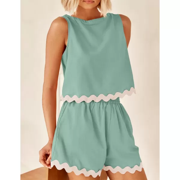 imageZESICA Womens 2024 Summer 2 Piece Outfits Set Linen Lace Trim Crewneck Tank Crop Top and Shorts Lounge Pajama SetsSage