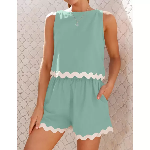 imageZESICA Womens 2024 Summer 2 Piece Outfits Set Linen Lace Trim Crewneck Tank Crop Top and Shorts Lounge Pajama SetsSage