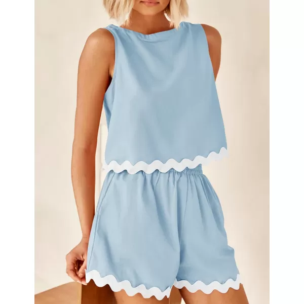 imageZESICA Womens 2024 Summer 2 Piece Outfits Set Linen Lace Trim Crewneck Tank Crop Top and Shorts Lounge Pajama SetsSky