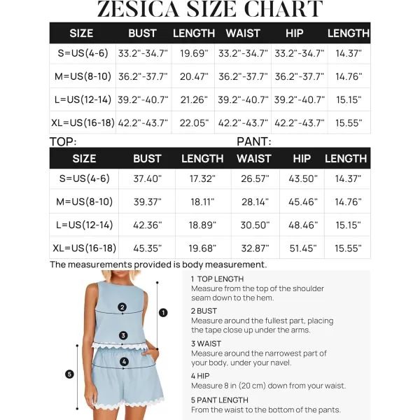 imageZESICA Womens 2024 Summer 2 Piece Outfits Set Linen Lace Trim Crewneck Tank Crop Top and Shorts Lounge Pajama SetsSky