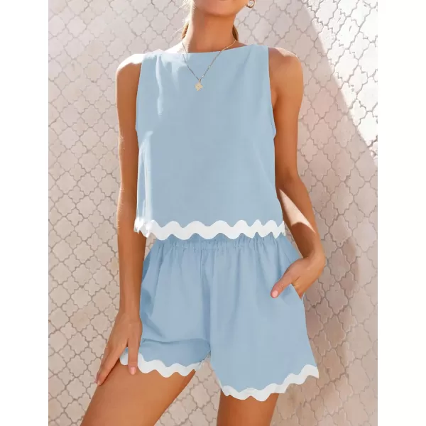 imageZESICA Womens 2024 Summer 2 Piece Outfits Set Linen Lace Trim Crewneck Tank Crop Top and Shorts Lounge Pajama SetsSky