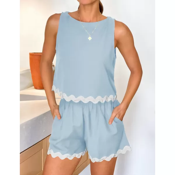 imageZESICA Womens 2024 Summer 2 Piece Outfits Set Linen Lace Trim Crewneck Tank Crop Top and Shorts Lounge Pajama SetsSky