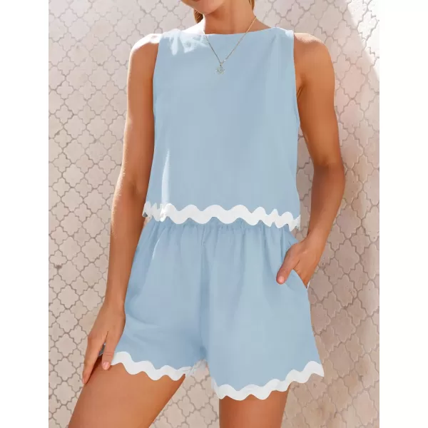 imageZESICA Womens 2024 Summer 2 Piece Outfits Set Linen Lace Trim Crewneck Tank Crop Top and Shorts Lounge Pajama SetsSky