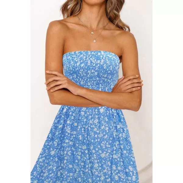 imageZESICA Womens 2024 Summer Bohemian Floral Printed Strapless Beach Party Long Maxi DressBlue