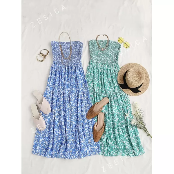 imageZESICA Womens 2024 Summer Bohemian Floral Printed Strapless Beach Party Long Maxi DressBlue