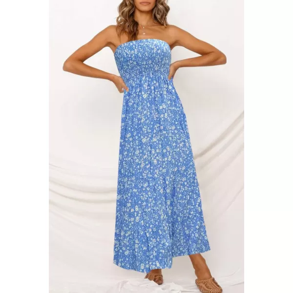 imageZESICA Womens 2024 Summer Bohemian Floral Printed Strapless Beach Party Long Maxi DressBlue