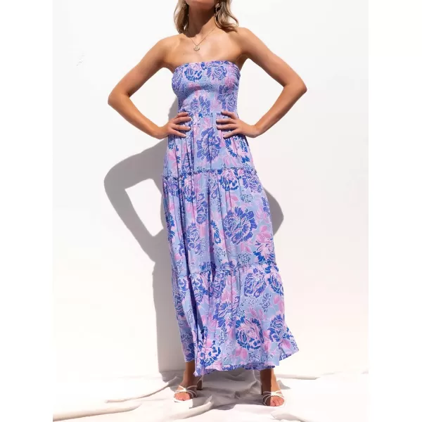 imageZESICA Womens 2024 Summer Bohemian Floral Printed Strapless Beach Party Long Maxi DressBluishviolet