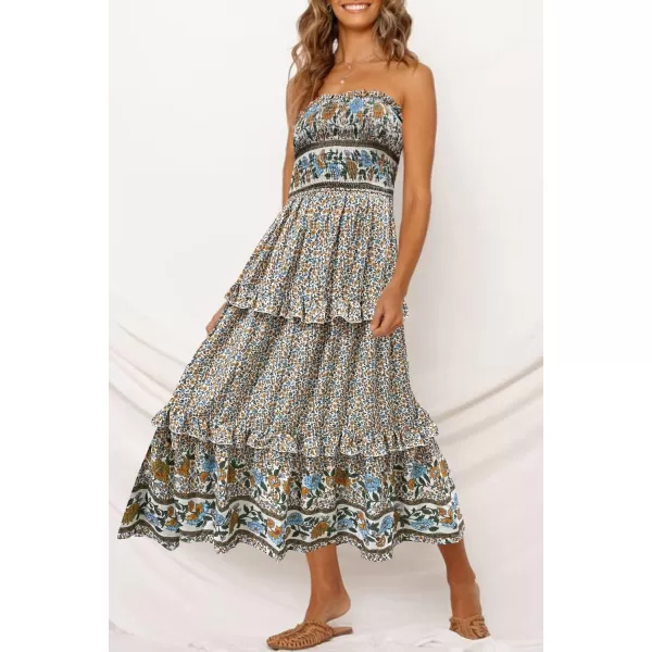 imageZESICA Womens 2024 Summer Bohemian Floral Printed Strapless Beach Party Long Maxi DressCream