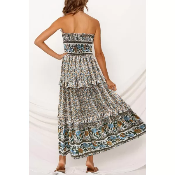 imageZESICA Womens 2024 Summer Bohemian Floral Printed Strapless Beach Party Long Maxi DressCream