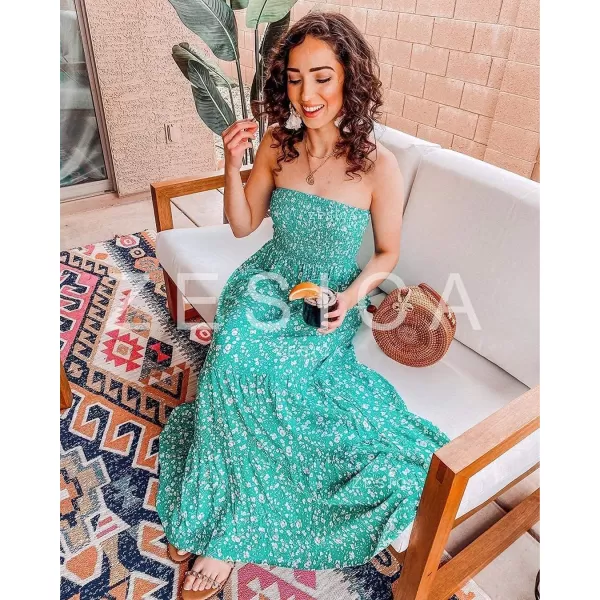 imageZESICA Womens 2024 Summer Bohemian Floral Printed Strapless Beach Party Long Maxi DressGreen