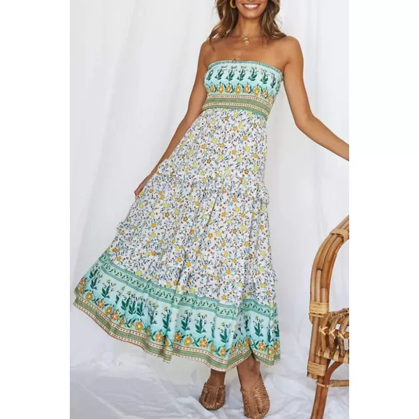 imageZESICA Womens 2024 Summer Bohemian Floral Printed Strapless Beach Party Long Maxi DressLight Green