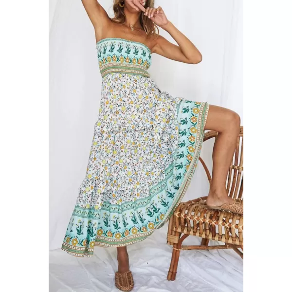 imageZESICA Womens 2024 Summer Bohemian Floral Printed Strapless Beach Party Long Maxi DressLight Green