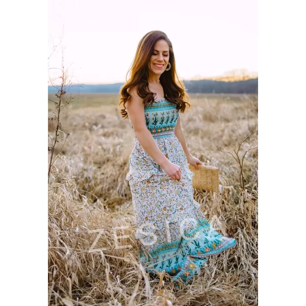 imageZESICA Womens 2024 Summer Bohemian Floral Printed Strapless Beach Party Long Maxi DressLight Green